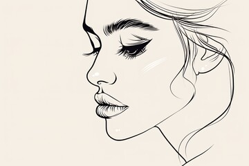 Wall Mural - woman face, drawn in ink by hand with white background