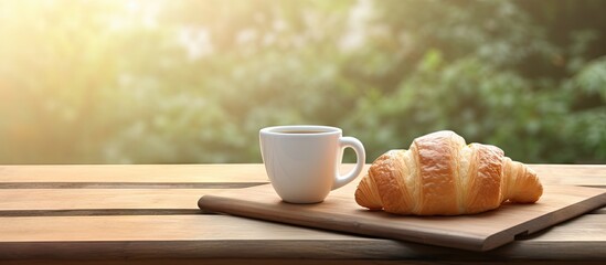 Poster - A coffee cup and a buttered fresh French croissant are placed on a wooden crate creating a food and breakfast concept A white board nearby displays the morning message have a nice day offering a visu