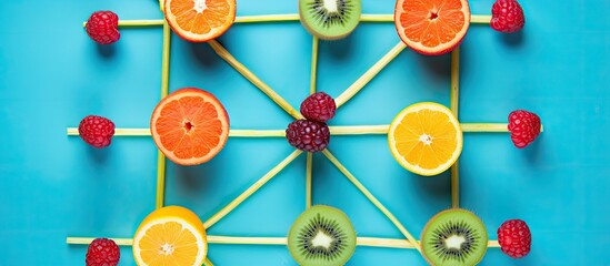 Poster - A fruity tic tac toe game arranged on a blue background promoting the idea of healthy eating The image features fruits and straws with a flat lay composition. with copy space image