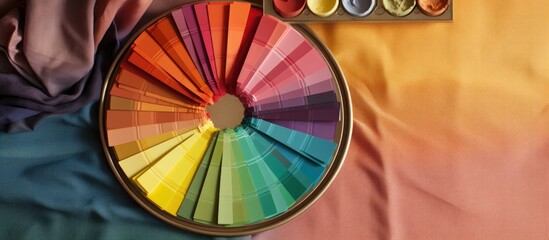 Poster - A close up of a rainbow colored palette with colored plates of pressed fiber featuring a central area designated for writing text in a copy space image