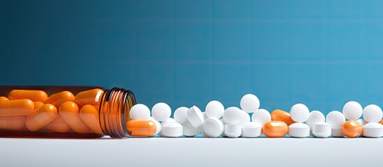 Wall Mural - A blue background hosts a group of orange pills and white jars offering copy space for text
