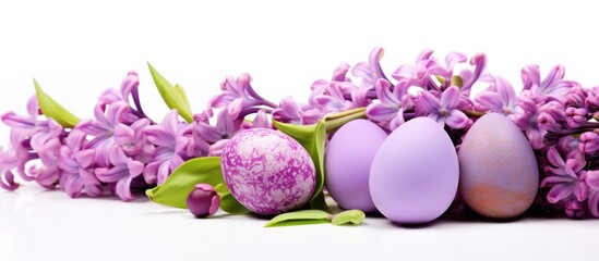 Poster - Isolated on a white background there is an image of Easter eggs decorated with tulip and lilac flowers. with copy space image. Place for adding text or design