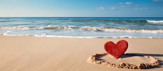 Aufkleber - A close up of a red wooden cutout in the shape of I love you is placed on the sandy beach representing a honeymoon vacation concept with copy space image 163 characters