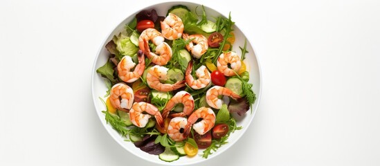 Poster - A delicious and nutritious shrimp salad featuring prawns on a white background viewed from the top with copy space for additional elements