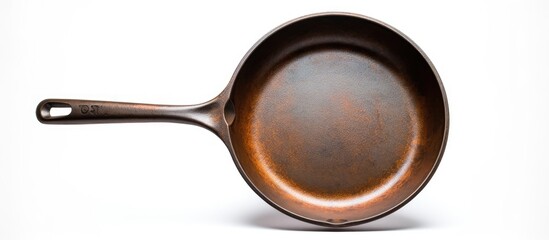 Poster - A cast iron frying pan is shown in a copy space image against a white isolated background