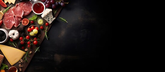 Aufkleber - Top view of a dark background with a cheese fruit and meat board on it creating a visually appealing appetizers table with copy space