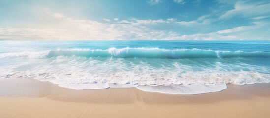 Fototapete - A picturesque view of a sandy beach from above featuring light blue translucent waves and sun rays This stunning image is a perfect backdrop for a summer vacation concept banner with ample copy space