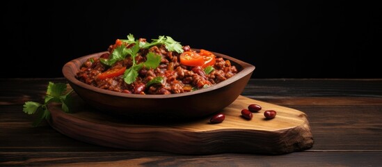 Poster - Copy space image of a homemade Chili con carne dish presented on a wooden board against a backdrop of black slate stone