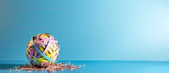 Poster - Copy space image of colored pencils and shredded paper ball placed on a light blue background accentuated by a gentle shadow