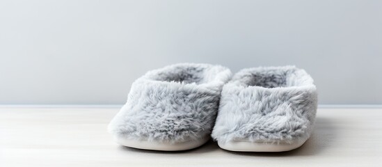 Poster - Copy space image featuring a pair of soft slippers resting on a light grey background The slippers are laid out flat and there is room for adding text