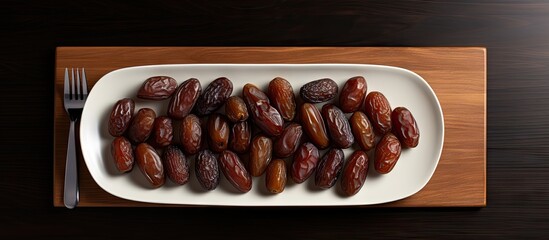 Poster - A copy space image of dates arranged on a white dish placed on a dark wooden table can be seen from a top down perspective
