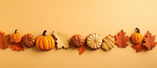 Poster - A group of autumn themed gingerbread cookies on a yellow background featuring delightful shapes like pumpkins acorns and maple leaves decorated with icing Perfect for a copy space image