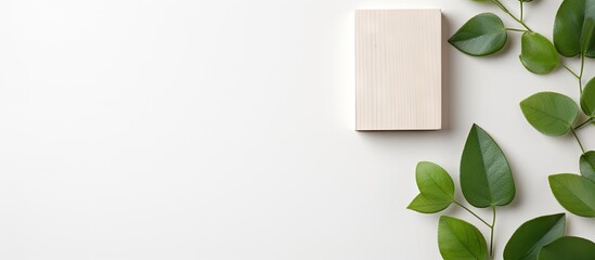 Wall Mural - From a top down perspective there is a set of wooden building blocks on a white background Alongside them lies a pristine white card with empty space for text In addition a solitary green leaf comple