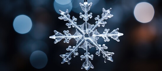 Poster - A plastic snowflake against a backdrop of dark Christmas lights providing ample space for images