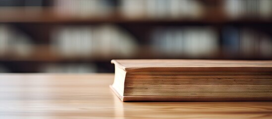 Aufkleber - Closeup of a wooden book in a library with a blurred background The image has copy space for text