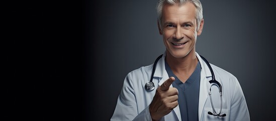 Aufkleber - A middle aged man in a doctor s uniform with gray hair and a stethoscope smiles and presents while pointing at the camera with his palm Copy space image 99 characters