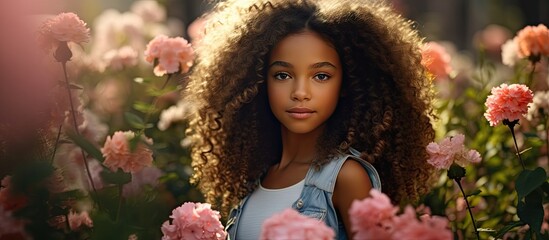 Poster - A charming young girl with curly hair gracefully poses for a photo while strolling amidst vibrant flowers in a natural setting creating an image with ample copy space
