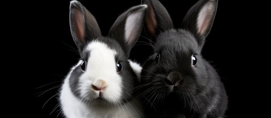 Black and white mini rex rabbits in a copy space image against a black background