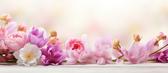 Poster - There is a blurry abstract background with a copy space image showcasing beautiful flowers on a wooden white backdrop