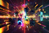Dynamic, vibrant shapes and colorful bursts representing the high-energy and eclectic beats of electronic dance music (EDM), with abstract speakers and digital waveform
