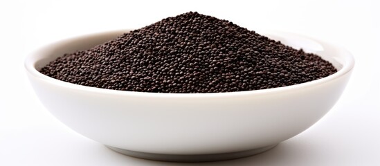 Poster - Close up image of a bowl containing whole grain black quinoa isolated on a white background with ample copy space