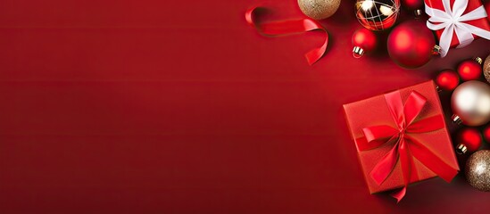 Poster - A flat lay image with gift boxes Christmas decorations and a red background offering ample copy space for text