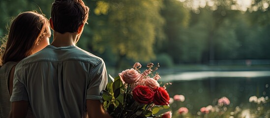 Poster - A boyfriend lovingly conceals a bouquet of flowers behind his back for his girlfriend at the park with copy space for an image