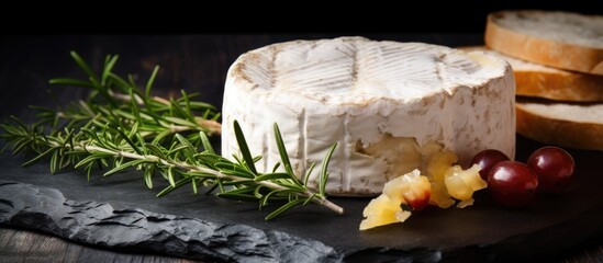 Poster - Aged goat cheese on a slate board surrounded by chunks of hard cheese The long ripening process gives the craft cheese its unique flavor Ample copy space for text