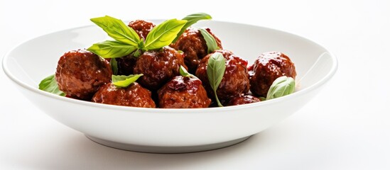 Aufkleber - Delicious basil infused meatballs beautifully presented on a white table offering a wide surface for incorporating text into the image. with copy space image. Place for adding text or design