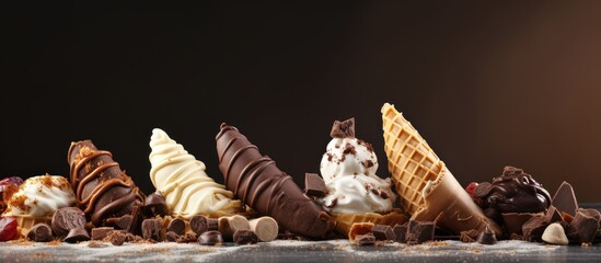 Aufkleber - A close up copy space image showcases a variety of delicious wafer cones filled with chocolate coffee and various other mouthwatering ingredients