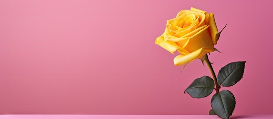 Aufkleber - A beautiful yellow rose is placed on a vibrant pink background creating a visually appealing copy space image