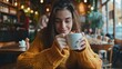 © mashimara - Young woman sipping coffee in a cozy cafe, wearing a brown sweater and looking contemplative. Perfect for lifestyle blogs, coffee advertisements, and social media content.