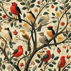 Wall Mural - Background is trees and lush greenery with folk floral and fauna patterns in red and gold