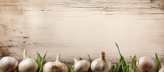 Aufkleber - A copy space image featuring garlic heads with roots and stems left untouched and presented on a light background painted with a wooden texture