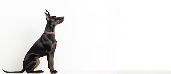 Aufkleber - A dog stands sideways showing its profile and making a funny expression The image is isolated on a white background with space for copy