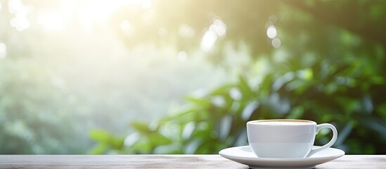 Poster - A copy space image of a cup of coffee resting on a white table is surrounded by a softly blurred natural background