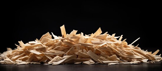 Aufkleber - Copy space image of fresh wood shavings on black background providing an empty space for text