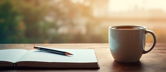Poster - A copy space image featuring a close up view of a coffee cup and a notebook on a desk