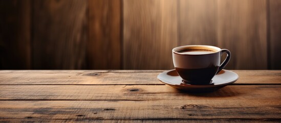 Poster - Coffee cup on a wooden background with copy space image
