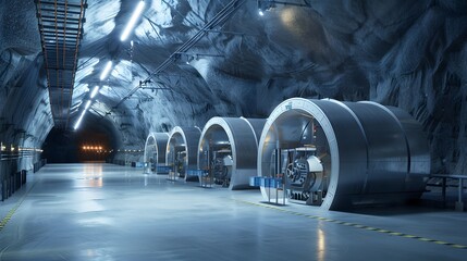 Poster - an underground cavern facility storing compressed air, with turbines and generators visible, highlig