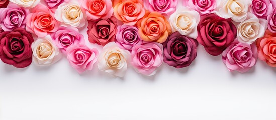 Wall Mural - A flat lay of vibrant roses arranged in a floral pattern against a white background The top view showcases the intricate texture and design of the flowers creating a captivating Valentine s backgroun