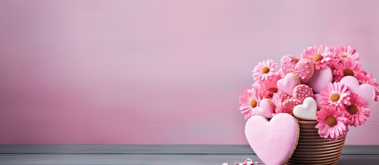 Poster - A bouquet of homemade pink heart shaped cookies arranged in a paper corn resembling a bouquet of flowers perfect for Valentine s Day or Mother s Day Copy space image