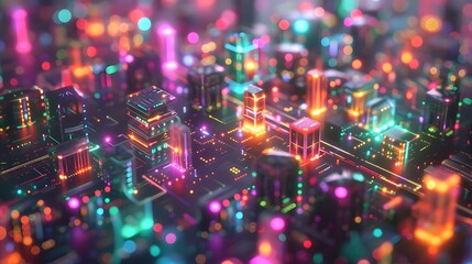 Poster - a digital city where different sectors (e.g., healthcare, entertainment, transportation) are visually segmented by colorful, glowing network slices, each optimized for specific needs