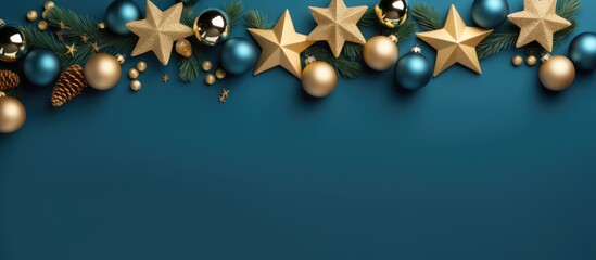 Aufkleber - A Christmas frame consisting of fir branches golden stars and balls on a blue background The image is flat and viewed from the top resembling a mockup for a Christmas banner. with copy space image