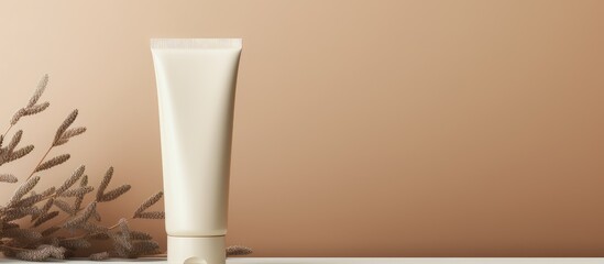 Wall Mural - A mockup of a cream tube is showcased on a beige background to present branding and packaging ideas This represents the concept of natural skincare beauty products with empty space for text or images
