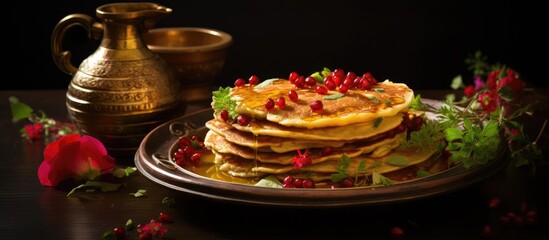 Aufkleber - Besan Cheela pancakes Chilla adorned with flowers berries leaf and green chili are showcased on a plate atop a round wooden tray accompanied by a kettle and a cup while red syrup is poured onto them