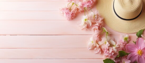 Aufkleber - A feminine summer concept with a pink spiral notebook beach hat wooden clips and decorative flowers displayed in a flat lay style. with copy space image. Place for adding text or design