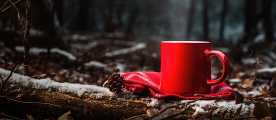 Poster - Horizontal copy space image of an empty enamel mug on a tree stump adorned with a warm scarf perfectly set for a comforting hot chocolate with marshmallow