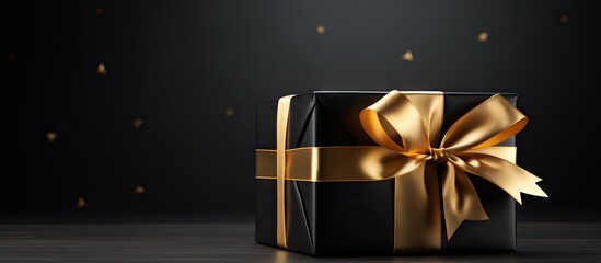 Aufkleber - A luxurious black gift elegantly wrapped with a bow stands out against a dark backdrop The image is horizontal and has copy space