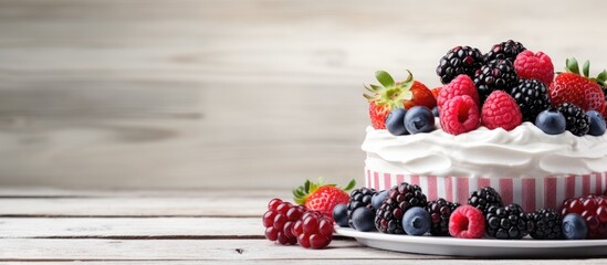 Aufkleber - A delightful combination of cream cheese and ripe berries arranged on a rustic white wooden table providing ample room for adding text